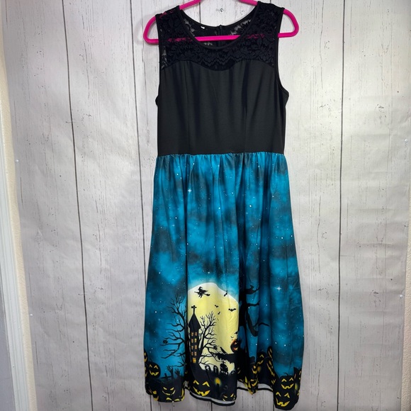 Unbranded Dresses & Skirts - Halloween Haunted House Pumpkin Witch Print Lace Midi Dress Gothic Spooky Size L